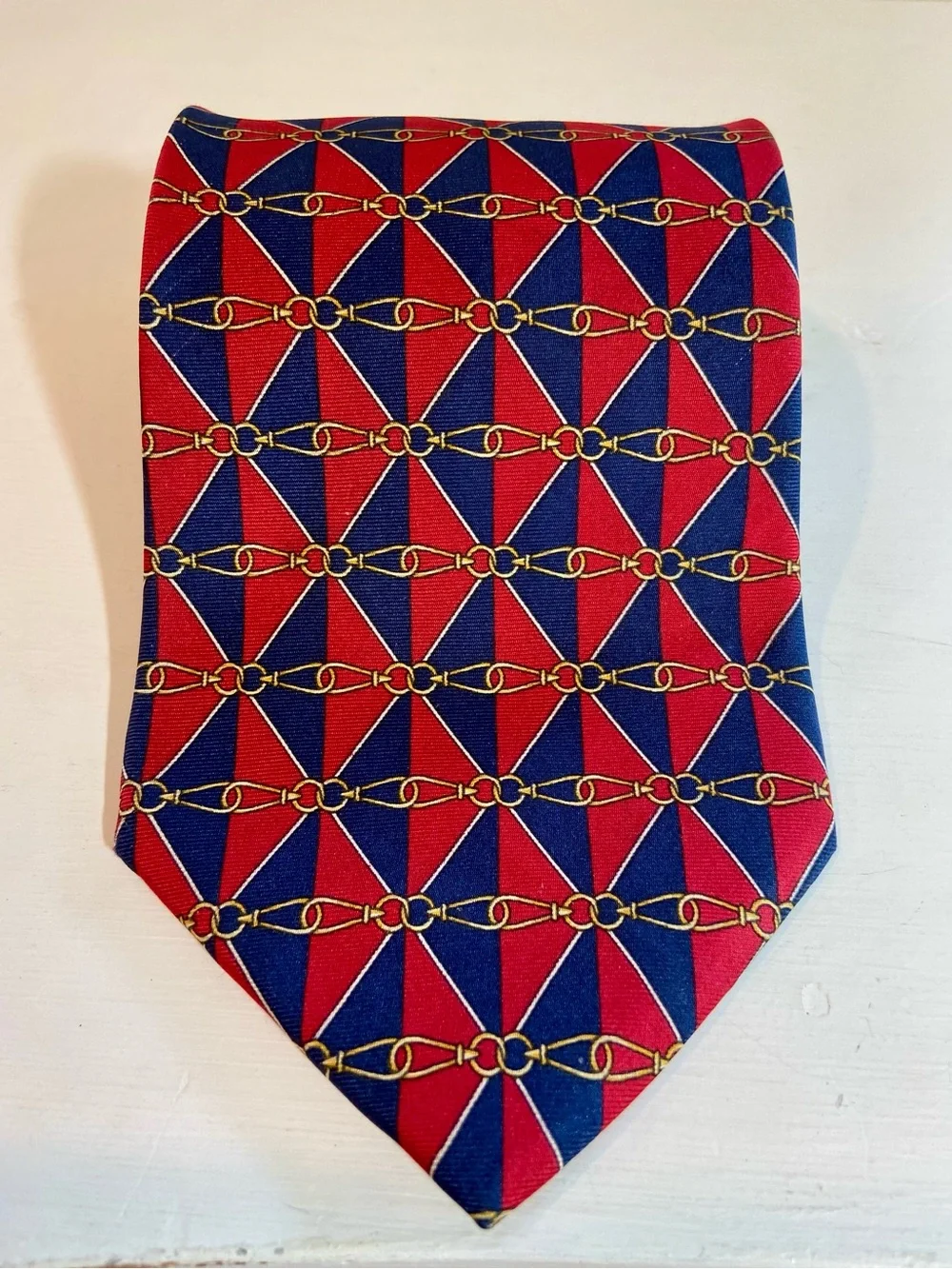 Gucci Vintage Silk Red Blue Diamond Gold Horse bit Tie Made in Italy 100% Silk